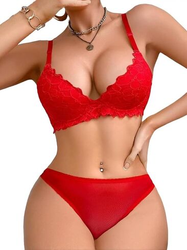 Red Lace Bra and Panty Set For Women, Push Up Bra with Underwire, Adjustable Straps Two-Piece Lingerie, Non-Removable Pads in Kuwait