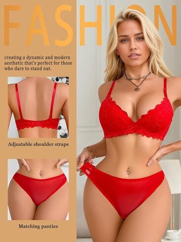 Red Lace Bra and Panty Set For Women, Push Up Bra with Underwire, Adjustable Straps Two-Piece Lingerie, Non-Removable Pads in Kuwait