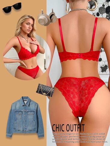 Red Lace Bra and Panty Set For Women, Push Up Bra with Underwire, Adjustable Straps Two-Piece Lingerie, Non-Removable Pads in Kuwait