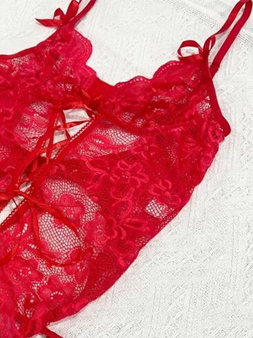 Women's Red Lace Lace-Up Corset Lingerie Set - Garter Belt Sexy Elegant Intimate Underwear in Kuwait