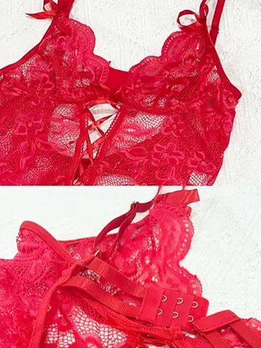 Women's Red Lace Lace-Up Corset Lingerie Set - Garter Belt Sexy Elegant Intimate Underwear in Kuwait