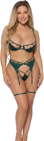 Satin & Chain Bra, Thigh Garter & G-String Set by HouseOfDesire in Kuwait