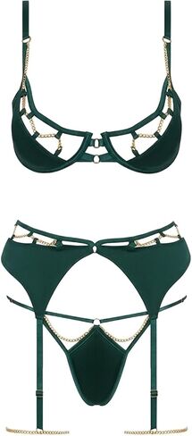 Satin & Chain Bra, Thigh Garter & G-String Set by HouseOfDesire in Kuwait