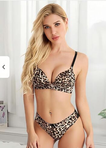 Women's Leopard Print Push‑Up Bra Panty Set, Underwire V‑Neck Lingerie Set in Kuwait