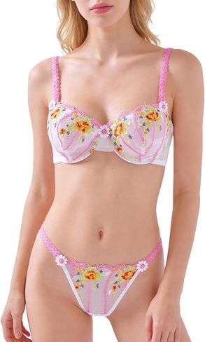 Sexy Floral Embroidered Mesh Sheer Underwire Push Up Lingerie Set in Saudi Arabia