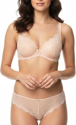 MONICA & ME Women's Lace Trim Padded Push-Up Bra Set, Nude Pink, Underwired Lingerie with Matching Panty in Saudi Arabia