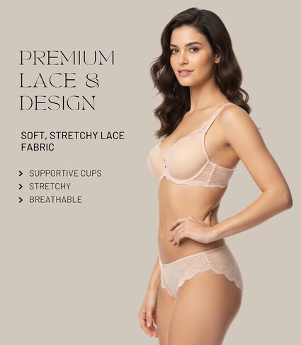 MONICA & ME Women's Lace Trim Padded Push-Up Bra Set, Nude Pink, Underwired Lingerie with Matching Panty in Saudi Arabia