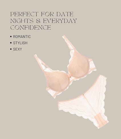 MONICA & ME Women's Lace Trim Padded Push-Up Bra Set, Nude Pink, Underwired Lingerie with Matching Panty in Saudi Arabia