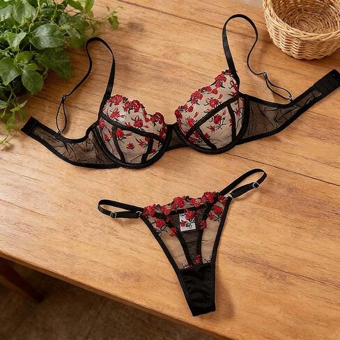 Sexy Underwire Cute Push Up Strappy Embroidered Set,See Sexy Bra and Panty Set,Cute Exotic Foral Embroidery Suit-Black in Kuwait