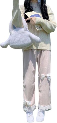 Lace Trim Kawaii Pants with Bow Tie - Elastic Waist Straight Leg Sweatpants (Pink, XL) in Saudi Arabia