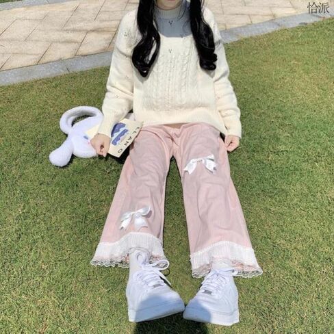 Lace Trim Kawaii Pants with Bow Tie - Elastic Waist Straight Leg Sweatpants (Pink, XL) in Saudi Arabia