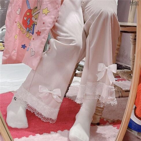 Lace Trim Kawaii Pants with Bow Tie - Elastic Waist Straight Leg Sweatpants (Pink, XL) in Saudi Arabia
