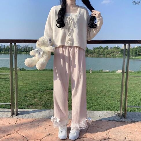 Lace Trim Kawaii Pants with Bow Tie - Elastic Waist Straight Leg Sweatpants (Pink, XL) in Saudi Arabia