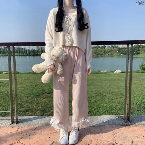 Lace Trim Kawaii Pants with Bow Tie - Elastic Waist Straight Leg Sweatpants (Pink, XL) in Saudi Arabia