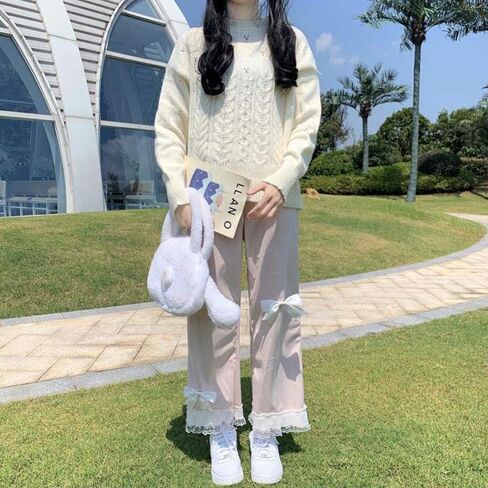 Lace Trim Kawaii Pants with Bow Tie - Elastic Waist Straight Leg Sweatpants (Pink, XL) in Saudi Arabia