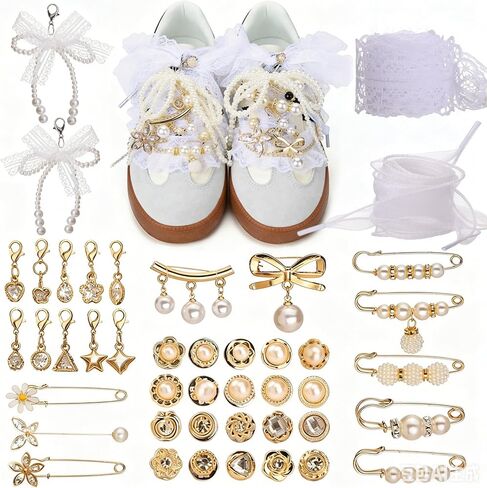 Naler 44 Pcs Shoe Charms for Sneakers - DIY Pearl & Lace Junk Socks Charms Kit, Rhinestone Cute Shoes Accessories for Sneakers(Gold) in Kuwait