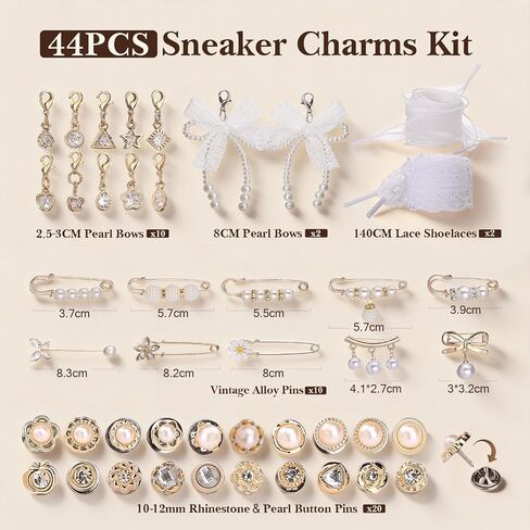 Naler 44 Pcs Shoe Charms for Sneakers - DIY Pearl & Lace Junk Socks Charms Kit, Rhinestone Cute Shoes Accessories for Sneakers(Gold) in Kuwait