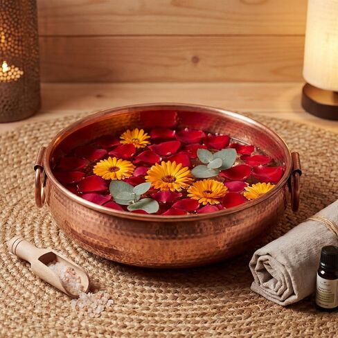 Colingmill 11.8 Inch Hand-hammered Copper Foot Bath Bowl Handmade Traditional Copper Pedicure Bowl Soaking from Nepal Small Feet, Decorative Water Flower Display, Ceremonies Events in Kuwait