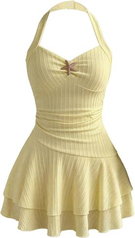 SHENHE Girl's Summer Vacation Dress Halter Neck Layered Ruffle Starfish Ruched Mini Sundress in Kuwait