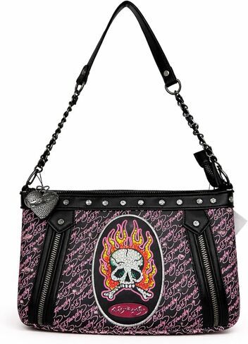 حقيبة كتف نسائية من ED HARDY مع رسم جمجمة لهب، ومحفظة بسحاب علوي وطبعة مونوغرام، وحزام على شكل سلسلة Y2K حقيبة على طراز الرغيف الفرنسي in Kuwait