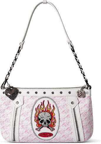 حقيبة كتف نسائية من ED HARDY مع رسم جمجمة لهب، ومحفظة بسحاب علوي وطبعة مونوغرام، وحزام على شكل سلسلة Y2K حقيبة على طراز الرغيف الفرنسي in Kuwait