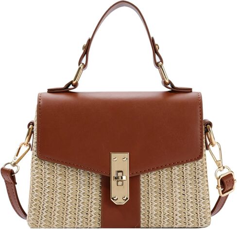 Summer Woven Straw Crossbody Bag Women Color Block Flap Box Purse Lock Closure Mini Satchel in Kuwait