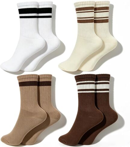 Womens Striped Crew Socks Cozy Casual Calf Socks 4 Pairs,Size 5-10 in Saudi Arabia