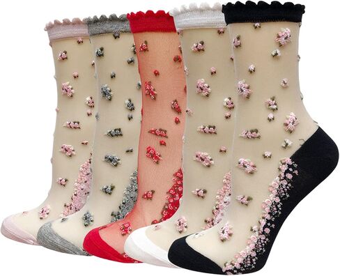 DXYAKY 5 Pairs Sheer Floral Socks for Women, Embroidered Mesh Lace Ankle Socks, Breathable Summer Cute Transparent Stockings in Saudi Arabia