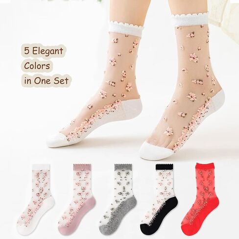 DXYAKY 5 Pairs Sheer Floral Socks for Women, Embroidered Mesh Lace Ankle Socks, Breathable Summer Cute Transparent Stockings in Saudi Arabia