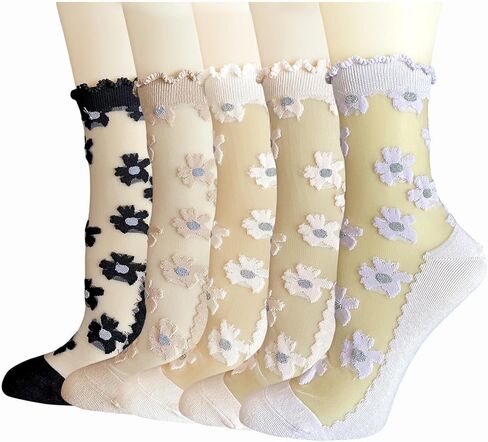 DXYAKY 5 Pairs Sheer Floral Socks for Women, Embroidered Mesh Lace Ankle Socks, Breathable Summer Cute Transparent Stockings in Saudi Arabia