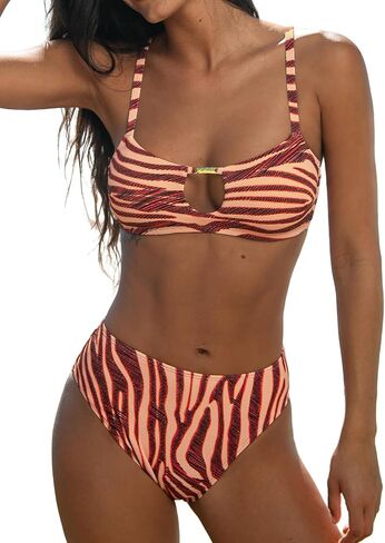 CUPSHE Women's Bikini Set High Waisted Two Piece Swimsuit Scoop Neck Cutout Bathing Suit Back Hook Color Block Swimwear in Saudi Arabia