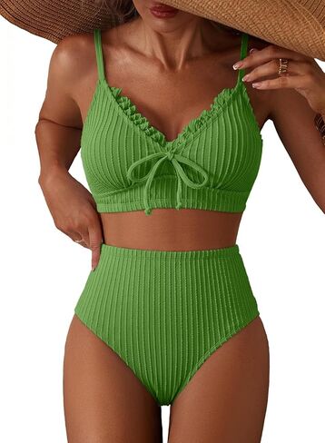Herseas Womens Textured Bikini Sets Splice Ruffle Trim Swimsuit High Waisted Bathing Suit 2 Piece Tie Side Beach Wear in Kuwait