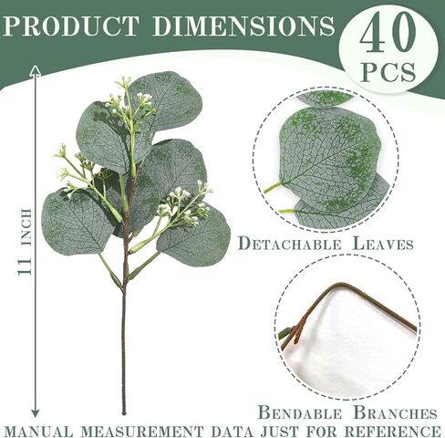 40 Pcs Faux Eucalyptus Leaves Stems Bulk Silver Dollar White Seed Artificial Greenery Stems Fake Sprays Branches for Wedding Table Centerpiece Bouquet Garland Floral Arrangement Home Decor in Saudi Arabia
