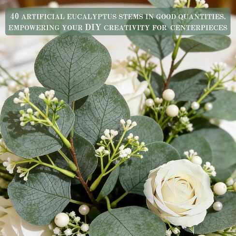 40 Pcs Faux Eucalyptus Leaves Stems Bulk Silver Dollar White Seed Artificial Greenery Stems Fake Sprays Branches for Wedding Table Centerpiece Bouquet Garland Floral Arrangement Home Decor in Saudi Arabia