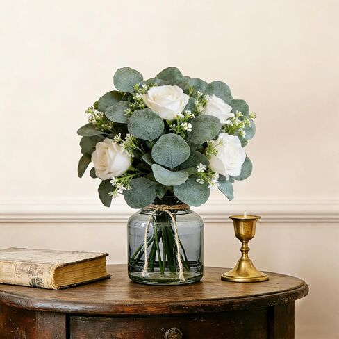 40 Pcs Faux Eucalyptus Leaves Stems Bulk Silver Dollar White Seed Artificial Greenery Stems Fake Sprays Branches for Wedding Table Centerpiece Bouquet Garland Floral Arrangement Home Decor in Saudi Arabia