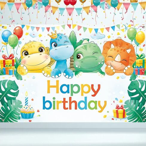 ActFirstHappy Birthday Banner Dinosaur Theme 71 x 43 Inch Birthday Party Decoration Backdrop Wall Hanging Polyester Banner Indoor Covered Outdoor Display in Kuwait