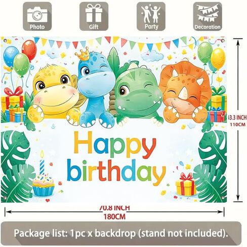 ActFirstHappy Birthday Banner Dinosaur Theme 71 x 43 Inch Birthday Party Decoration Backdrop Wall Hanging Polyester Banner Indoor Covered Outdoor Display in Kuwait