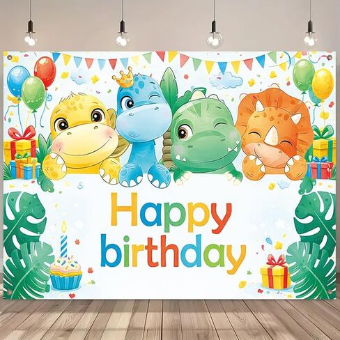 ActFirstHappy Birthday Banner Dinosaur Theme 71 x 43 Inch Birthday Party Decoration Backdrop Wall Hanging Polyester Banner Indoor Covered Outdoor Display in Kuwait