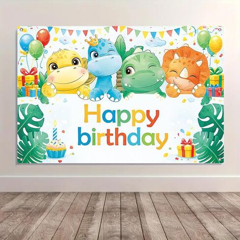 ActFirstHappy Birthday Banner Dinosaur Theme 71 x 43 Inch Birthday Party Decoration Backdrop Wall Hanging Polyester Banner Indoor Covered Outdoor Display in Kuwait