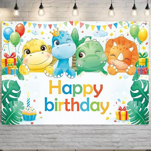 ActFirstHappy Birthday Banner Dinosaur Theme 71 x 43 Inch Birthday Party Decoration Backdrop Wall Hanging Polyester Banner Indoor Covered Outdoor Display in Kuwait