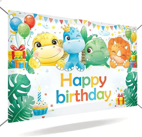 ActFirstHappy Birthday Banner Dinosaur Theme 71 x 43 Inch Birthday Party Decoration Backdrop Wall Hanging Polyester Banner Indoor Covered Outdoor Display in Kuwait