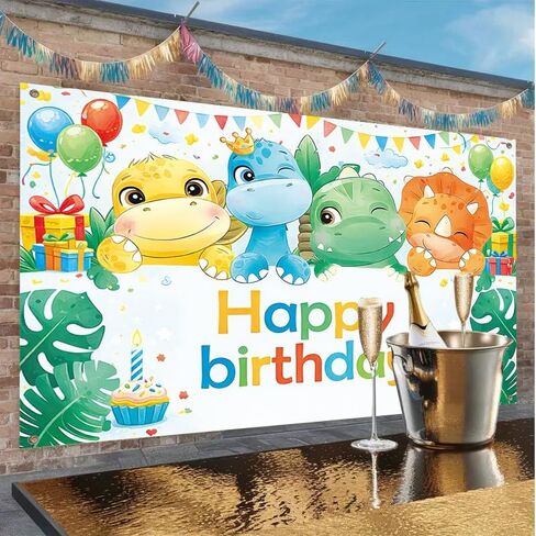 ActFirstHappy Birthday Banner Dinosaur Theme 71 x 43 Inch Birthday Party Decoration Backdrop Wall Hanging Polyester Banner Indoor Covered Outdoor Display in Kuwait