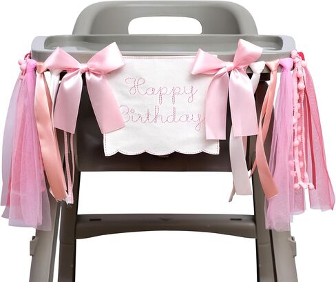 Pink Tulle High Chair Birthday Banner - Elegant ‘Happy Birthday’ Garland for Baby Shower/Party, Handmade Ribbon & Pom - Pom Decor in Saudi Arabia