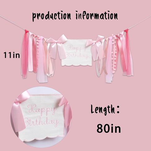Pink Tulle High Chair Birthday Banner - Elegant ‘Happy Birthday’ Garland for Baby Shower/Party, Handmade Ribbon & Pom - Pom Decor in Saudi Arabia