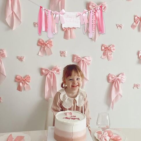 Pink Tulle High Chair Birthday Banner - Elegant ‘Happy Birthday’ Garland for Baby Shower/Party, Handmade Ribbon & Pom - Pom Decor in Saudi Arabia