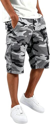 Men's Camo Capri Cargo Shorts Multi Pocket Elastic Drawstring Waist Below Knee Outdoor Hunting Casual Cropped Shorts in Kuwait