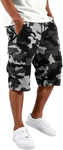 Men's Camo Capri Cargo Shorts Multi Pocket Elastic Drawstring Waist Below Knee Outdoor Hunting Casual Cropped Shorts in Kuwait