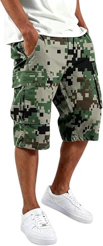 Men's Camo Capri Cargo Shorts Multi Pocket Elastic Drawstring Waist Below Knee Outdoor Hunting Casual Cropped Shorts in Kuwait