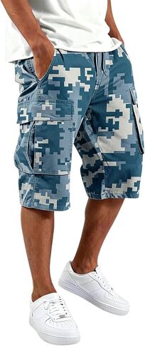 Men's Camo Capri Cargo Shorts Multi Pocket Elastic Drawstring Waist Below Knee Outdoor Hunting Casual Cropped Shorts in Kuwait