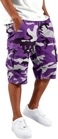 Men's Camo Capri Cargo Shorts Multi Pocket Elastic Drawstring Waist Below Knee Outdoor Hunting Casual Cropped Shorts in Kuwait